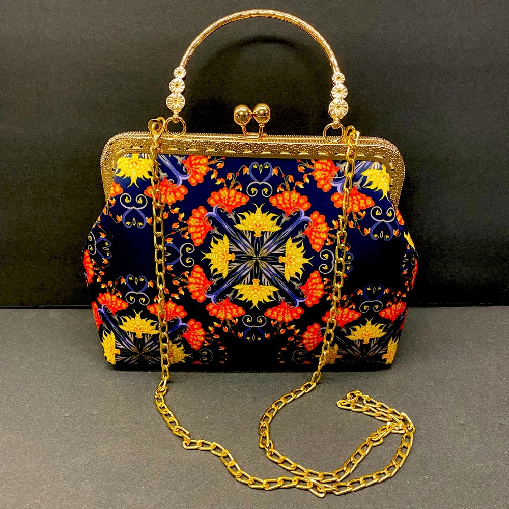 Kiss Lock Handbag with removable shoulder strap blue paisley design gold accents